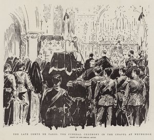 Der verstorbene Comte de Paris, die Beerdigungszeremonie in der Kapelle in Weybridge (Lithografie) von English School