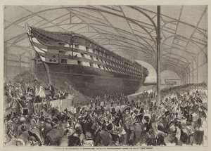 Der Stapellauf der Marlborough in Portsmouth am 31. Juli, der Meisterschiffbauer überreicht Ihrer Majestät die Flasche