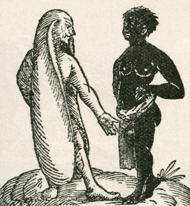 Der Langohrige Mann schimpft mit seinem Diener. Langohrige Männer sollen in Afrika gelebt haben. Es wurde gesagt, dass sie auf einem Ohr liegend schlafen und das andere als Decke benutzen. Aus The Strand Magazine, veröffentlicht 1897. von English School