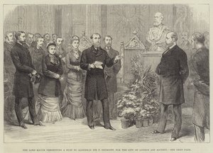 Der Lord Mayor überreicht eine Büste an Alderman Sir F. Truscott für die City of London Art Society (Gravur) von English School