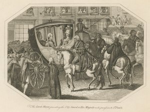 Der Lord Mayor überreicht Seiner Majestät das Stadtschwert auf seinem Weg zur St. Pauls Kathedrale von English School