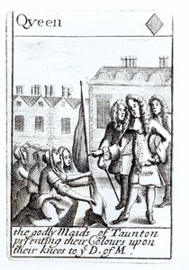 Die Mägde von Taunton knien vor dem Herzog von Monmouth, 18. Juni 1685, Karo-Dame Spielkarte aus einem Set zur Erinnerung an Monmouths Rebellion