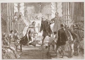 Der Marschall von Polen fordert den Eid vom Herzog von Anjou, Illustration aus The History of Protestantism von James Aitken Wylie, veröffentlicht 1878 von English School