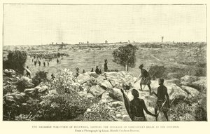 Der Matabele-Krieg, Blick auf Buluwayo, zeigt die Palisade von Lobengulas Kraal in der Ferne von English School