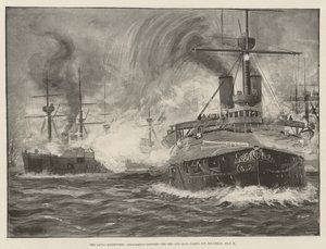 Die Marine-Manöver, Gefecht zwischen der roten und blauen Flotte vor Holyhead, 31. Juli (Lithografie) von English School