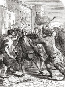 Die "No-Popery"-Randalierer greifen Mitglieder des Parlaments im Palace Yard, Westminster, London, England während der Gordon Riots von 1780 an. von English School