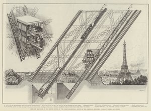 Der Otis-Aufzug im Eiffelturm der Pariser Ausstellung, gebaut von der American Elevator Company, London und Paris von English School