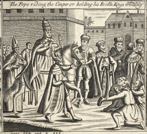 Der Papst reitet, der Kaiser hält seinen Zügel, Könige gehen vor ihm, Illustration aus Acts and Monuments von John Foxe, neunte Ausgabe, veröffentlicht 1684 von English School