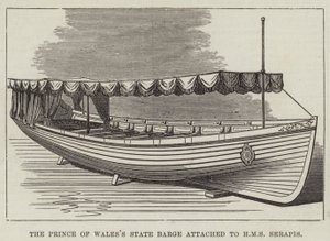 Die Staatsbarke des Prinzen von Wales, angehängt an die HMS Serapis (Stich) von English School