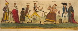 Der preußische Preisboxer und seine Verbündeten versuchen, die kaiserliche Kate zu zähmen, oder der Zustand der europäischen Bursiers, 1791 (handkolorierte Radierung)