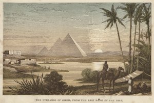 Die Pyramiden von Gizeh, von der Ostseite des Nils (farbiger Stich) von English School