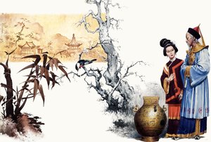 Das Rätsel. Chinesischer Hofmagier verwandelt einen Prinzen in eine Vase. von English School