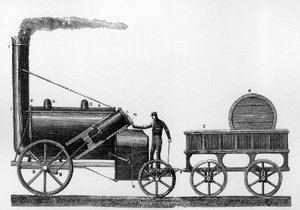 Die Rocket, Dampflokomotive entworfen und gebaut von George und Robert Stephenson im Jahr 1829 für die Liverpool-Manchester-Eisenbahn (Stich) von English School