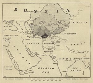 Die russische Annexion von Merv, Karte zeigt die Fortschritte Russlands in Richtung Indien in den Jahren 1734, 1836, 1863, 1867, 1874, 1876, 1881, 1884 von English School