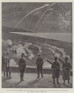Die russischen Militärmanöver, der Zar beobachtet das elektrische Suchlicht und die Raketensignalisierung in Krasnoe-Selo (Gravur) von English School