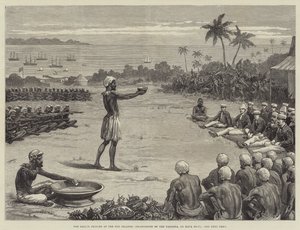 Die Seefahrerprinzen auf den Fidschi-Inseln, Beschwörung der Yangona oder Kava-Schale (Gravur) von English School