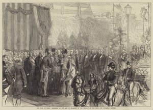 Der Schah in Paris, Empfang am Arc de Triomphe durch den Präfekten der Seine und den Stadtrat (Stich) von English School