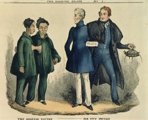 Die siamesischen Jungen - Unsere eigenen Jungen, satirische Karikatur aus The Looking Glass, ca. 1829 (farbige Radierung)