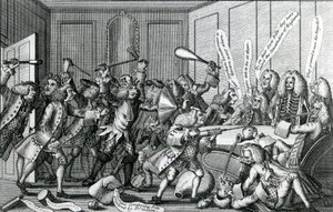 Die Belagerung von Warwick-Castle, oder die Schlacht zwischen den Fellows und Licenciates, 1768 von English School