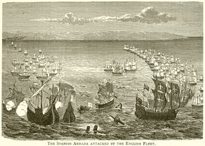 Die spanische Armada wird von der englischen Flotte angegriffen von English School