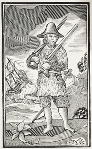 Das überraschende Leben und die seltsamsten Abenteuer von Robinson Crusoe aus der Stadt York, Seemann, Illustration aus Chap-books des achtzehnten Jahrhunderts von John Ashton, veröffentlicht 1882