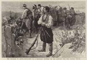 Die Unruhen auf Kreta, Aufständische in einer Bergfestung auf der Suche nach türkischen Truppen (Gravur) von English School