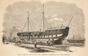 Die Warrior-Hulk mit dem Sulphur-Waschschiff in der Ferne, Illustration aus The Criminal Prisons of London and Scenes from Prison Life von Henry Mayhew und John Binny, veröffentlicht 1862