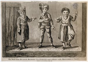 Die wildgeborenen Menschen (zwei Frauen und ein Mann) mit monströsen Kropfen, wie im Haymarket ausgestellt, gedruckt für Carington Bowles, 1787 von English School