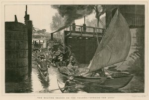 Die Bootssaison auf der Themse - Öffnen der Schleuse (Gravur) von English School