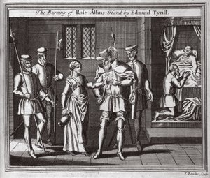 Das Verbrennen von Rose Allins Hand durch Edmund Tyrill, Illustration aus Foxes Märtyrer, ca. 1703 von English School