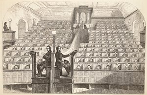 Die Kapelle im separaten System im Pentonville-Gefängnis während des Gottesdienstes, Illustration aus The Criminal Prisons of London and Scenes from Prison Life von Henry Mayhew und John Binny, veröffentlicht 1862 von English School
