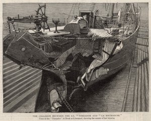 Die Kollision zwischen der SS Toreador und La Bourgogne; Ansicht der Toreador im Dock in Liverpool von English School