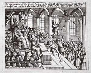 Die Beschreibung des Konzils des Papstes in Rom, in dem eine monströse Eule erschien, zur völligen Entstellung des Papstes und seines Klerus, Illustration aus Acts and Monuments von John Foxe, neunte Ausgabe von English School