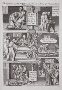 Die Beschreibung der Vergiftung von König Johann durch einen Mönch der Abtei Swinstead in Lincolnshire, Illustration aus Acts and Monuments von John Foxe, neunte Ausgabe, veröffentlicht 1684