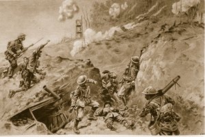 Die schrecklichen Hohlwege, die zu Oppy Wood führten, britische Bomber arbeiten entlang der deutschen Schützengräben, 1914-19