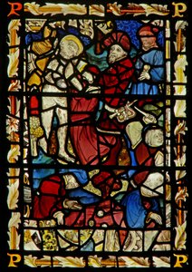 Das Ostfenster, das Christus entkleidet für die Kreuzigung; das Loswerfen darstellt