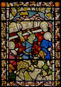 Das Ostfenster, das das Begräbnis der Jungfrau Maria und das Umstürzen des Sarges (der Junge aus Bourges) darstellt von English School