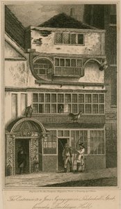 Der Eingang zu einer jüdischen Synagoge in der Leadenhall Street, London, ehemals Bricklayers Hall von English School