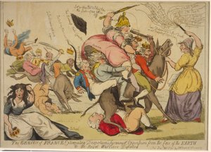 Der Geist Frankreichs, der Despotismus, Tyrannei und Unterdrückung von der Erde ausrottet, oder die königlichen Krieger besiegt, 1792 (handkolorierte Radierung) von English School