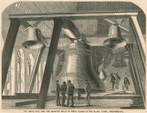 Die große Glocke und die Viertelglocken an ihrem Platz im Uhrturm, Westminster von English School