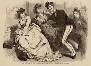 Die Launen des jungen Mannes der Zeit, betrunken in einem Omnibus (Gravur) von English School