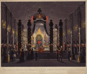 Aufbahrung der Überreste von F M Der Herzog von Wellington im Chelsea Hospital, November 1852 (kolorierte Gravur) von English School