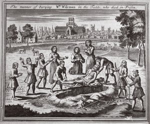 Die Art der Beerdigung von Wm Wiseman auf den Feldern, der im Gefängnis starb, Illustration aus Foxes Märtyrer, ca. 1703