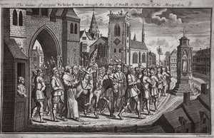 Die Art des Transports von Nicholas Burton durch die Stadt Sevilla zu seinem Martyrium, Illustration aus Foxes Märtyrer, ca. 1703 von English School