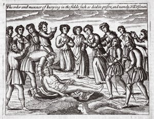 Die Ordnung und Weise der Beerdigung auf den Feldern derer, die im Gefängnis starben, und namentlich Will Wiseman, Illustration aus Acts and Monuments von John Foxe, neunte Ausgabe, veröffentlicht 1684