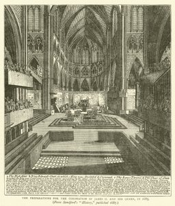 Die Vorbereitungen zur Krönung von James II und seiner Königin im Jahr 1685, aus Sandfords "History," veröffentlicht 1687 von English School