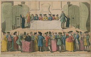 Darstellung der Ziehung der Staatslotterie in der Guildhall, 1763