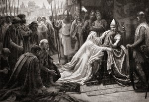 Die Frau von König Edward III., Königin Philippa von Hennegau, bittet ihren Mann, das Leben der sieben Bürger von Calais zu verschonen (Druck)