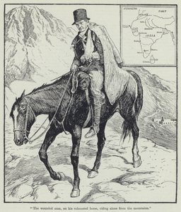 "Der verwundete Mann, auf seinem erschöpften Pferd, reitet allein aus den Bergen" (Lithografie) von English School