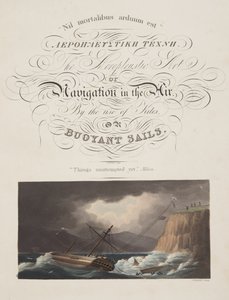 "Versuche unternommen" , Milton, Frontispiz aus "Die Aeropleustische Kunst oder Navigation in der Luft, durch die Verwendung von Drachen oder Auftriebsegeln, veröffentlicht 1827 von English School